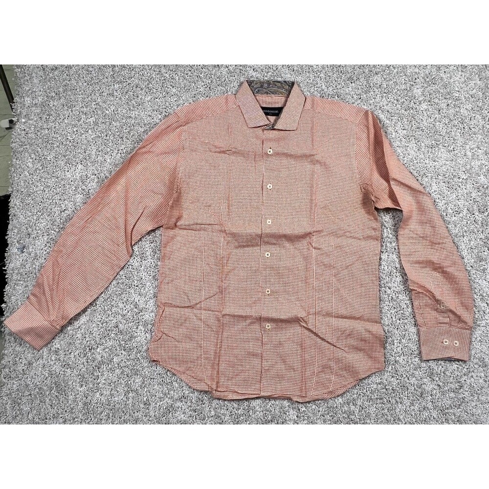 Bogosse Shirt Mens Large Orange Gray Check Long Sleeve Dress Button Front Cotton